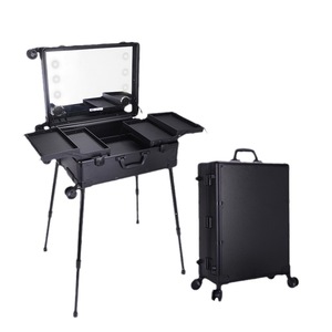 Maletín de maquillaje Qihui profesional con espejo, soporte de luz, carrito con ruedas de 24 pulgadas y asa desmontable para salón de belleza. - Product Image 1