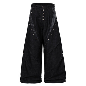 <span class=keywords><strong>Jeans</strong></span> pour hommes déstructurés avec empiècements en cuir imprimé serpent et rivets, coupe courbée, noirs, amples, à jambes larges, décontractés, longs - Product Image 2