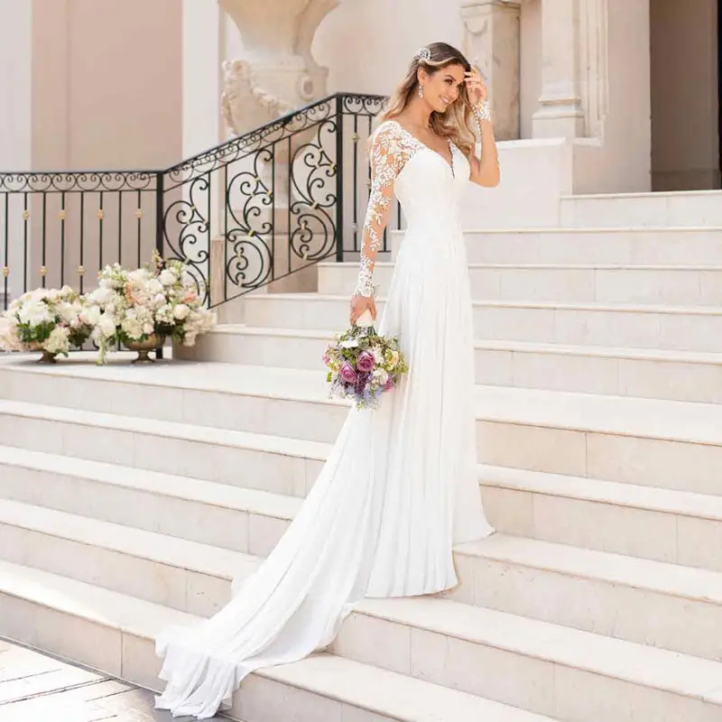Luxury Long Sleeve White Mermaid Wedding Dress V Neck Court Lace Spaghetti Strap For Women Beach Bridal Dresses Robe De Mariage