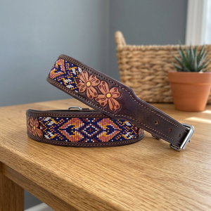 Collier pour chien en cuir avec motif floral perlé, style western, boucle rembourrée, utilisable toute l'année, accessoire pour animal de compagnie fait main - Product Image 3