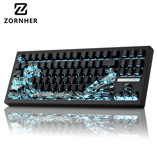 Zornher ZH870 Black Ukiyo-e Mechanical Keyboard Wireless RGB Backlit Artistic Gaming Keyboard 87 Keys for Laptop Computer