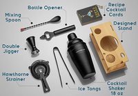 Ensemble de bar en acier inoxydable noir, ensemble de shaker à cocktails pour mélanger les boissons, outils de bar, kit de barman avec support en bois