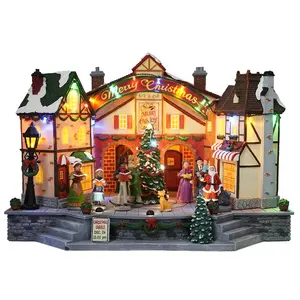 Decoración de tienda de Santa con LED de poliresina, casa de pueblo grande de fibra óptica de Navidad