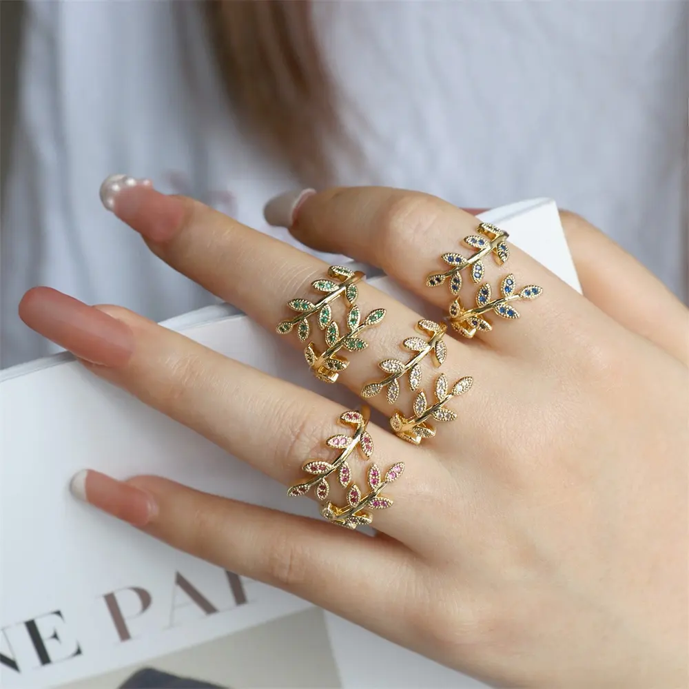 Latesr Design bijoux de mode plaqué or coloré zircone cubique feuille anneaux ouverts pour les femmes