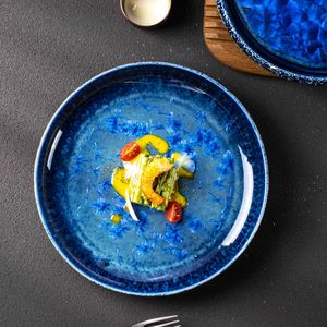 Assiettes creuses en céramique bleues à bord oblique pour restaurant, fabricant de céramique, hôtel, café, brunch, restauration fine, salade - Product Image 2