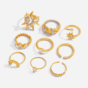 Designer <b>Ring</b> Set Gold Tone Sun <b>Moon</b> Star Zircon Women's Fashion Jewelry Gift - Product Image 1