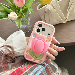 เคสโทรศัพท์มือถือซิลิโคนรูปดอกไม้น่ารัก พร้อมขาตั้งแบบยืดหดได้ สำหรับ iPhone 17 16 15 14 13 Pro Max ลายดอกทิวลิป ฝาหลังลายเมฆยาง - Product Image 2