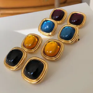 French Vintage 2.5cm Geometric Square Brass Plated Real Gold Gemstone Resin Earrings