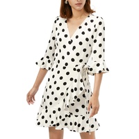 Mini-robes à lacets vintage décontractées pour femmes personnalisées Robe portefeuille imprimée à pois trapèze avec bordure à volants et col en V de grande taille