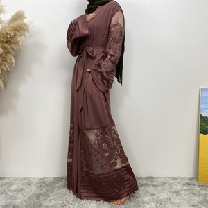 1546# New Stock Nida Fabric Hot Sale Floral Lace Open Abaya With Side Pockets for Arab Women 5 Colors - Product Image 3