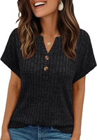 Tunique ample pour femme, col Henley en V, manches courtes, couleur unie, style décontracté chic, idéale printemps-été