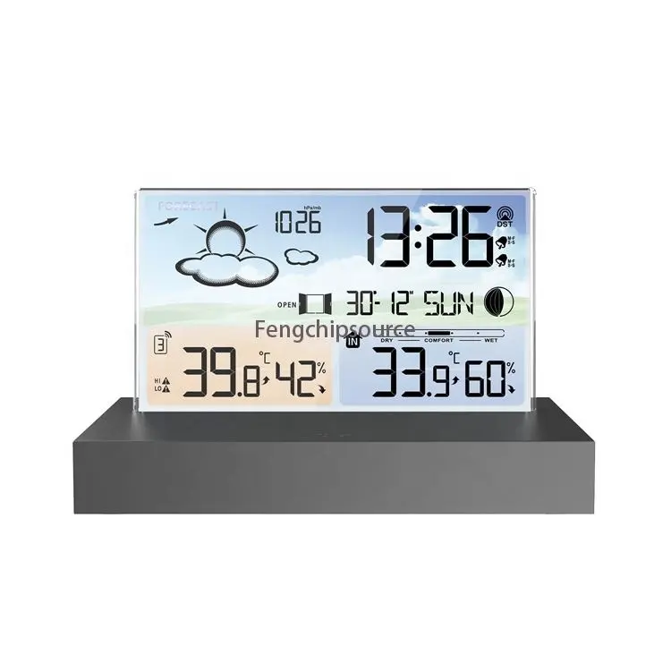 new transparent glass weather station clock 3396C color screen RF wireless multi-function weather forecast electronic alarm