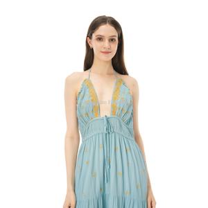 Vestido Maxi Casual Personalizado para Mujer, Sin Mangas, con Tirantes Finos, Estilo Boho, Bordado Floral, Escote en V Profundo, Espalda Descubierta - Product Image 4