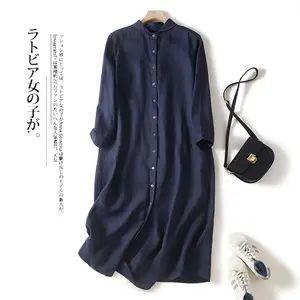 Vestido de lino de estilo japonés y coreano para mujer Falda camisera de algodón y lino de manga larga informal suelta de longitud media
