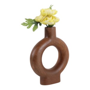 Vaso in Ceramica Rotondo con Dettagli in Legno di Mango per Soggiorno, Vaso Decorativo per Fiori, Esposizione per Ufficio, Stile Casual - Product Image 2