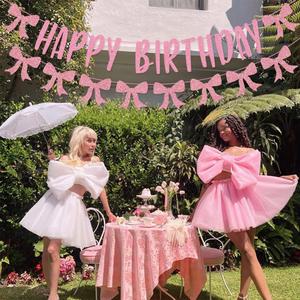 Dulce lazo rosa tema Feliz cumpleaños Banner remolino colgante guirnalda foto accesorios para niños niña cumpleaños Baby Shower fiesta Decoración - Product Image 4