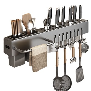 Support mural pour couteaux avec porte-baguettes et crochets pour ustensiles, pour rangement de cuisine, en acier au carbone, organisateur multifonctionnel - Product Image 5