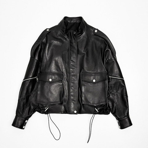 Popular Selling Genuine Leather Coat Stand Collar batwing Sleeve Real Vegetable-tanned Sheepskin Leather Jacket for Ladies