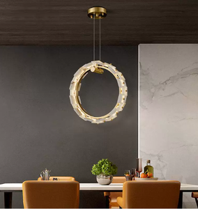 Lustre LED rond en albâtre personnalisé, petit modèle, design contemporain en laiton, pour villa, salon, restaurant, décoration - Product Image 2