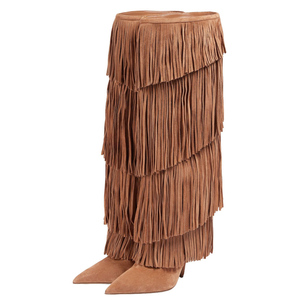 Big Size 46 Women High Slim Heels Long Booties Layers Tassels Suede Knee High <b>Boots</b> Pointed Toe Wide Fit Shoes - Product Image 3