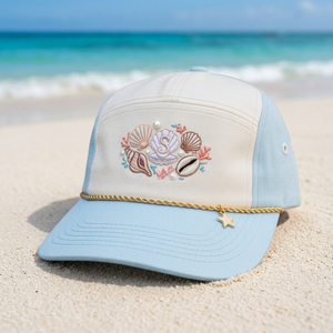 Wholesale Custom Logo 5 Panel Mid Profile Pre-Curved Structured Rope <b>Hat</b> Pearl Seashell Embroidery <b>Light</b> Blue Cap With Charm - Product Image 1