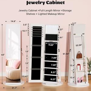 Organisateur de bijoux moderne, miroir sur pied pour coiffeuse, miroir mural rotatif à 360° en bois blanc pleine longueur - Product Image 5