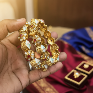 Gold Plated Pota Stone and Meenakari Openable <b>Bangles</b> <b>Set</b> Fine Jewelry Collection - Product Image 3