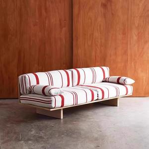 Vintage Style Solid <b>Wood</b> <b>Sofa</b> Three Seater Straight Line Design Retro Fabric Upholstered For Small Living Rooms And Guesthouses - Product Image 1