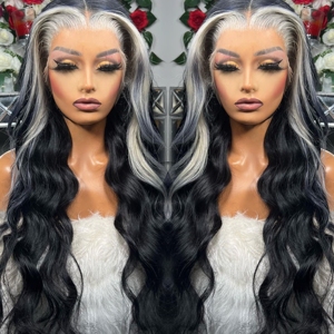 Heavy Density HD 13x6 peluca frontal de encaje Onda natural 5*5 cierre recto sin cola 100% pelucas de <span class=keywords><strong>cabello</strong></span> humano Ombre Negro <span class=keywords><strong>Plata</strong></span> - Product Image 2