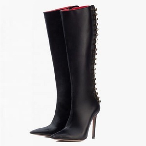 Back Cut Out Women Metal Decor Knee High <b>Boots</b> Big Size 45 Solid Stiletto Dress Shoes Slim Heels Long <b>Boots</b> - Product Image 2