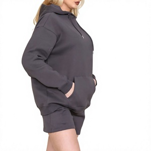 Wholesale Custom Clothing Winter Solid Canvas Cotton Blend <b>Women</b> Hoodie and <b>Shorts</b> Set Latest Design - Product Image 4
