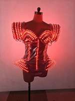 Combinaison Métallique Lumineuse à LED RGB, Tenue Sculptée à Épaules Bouffantes, Costume Lumineux pour Danseuse GOGO de Boîte de Nuit et Défilé Scénique