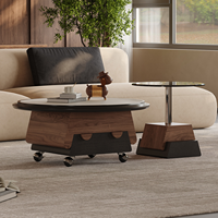 Ensemble de table basse ronde moderne avec plateau en pierre nano-microcristalline embossée, table de rangement en placage de bois avec table d'appoint