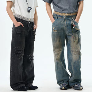 מותאם אישית אמריקאי בסגנון וינטג במצוקה ג 'ינס לגברים רופפים וישר מתאים לגמור בסגנון רחוב גבוה לגברים - Product Image 2