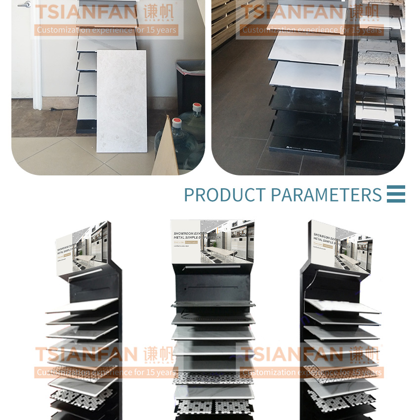 Factory Custom Logo Showroom Floor Quartz Display Stand Metal Sample Tower Shelf Marble Mosaic Tile Standing Stone Display Rack