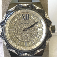 Jam Tangan Bentuk Bintang Hitam Dial Bertabur Berlian Penuh Penanda Romawi Tali Baja Tahan Karat Berkilau Hip Hop Unisex Quartz