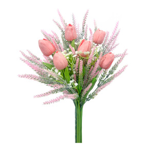 Artificial Tulip Bouquet Pink Lavender Baby's Breath <b>Plastic</b> Handmade Spring Decor Home Kitchen <b>Table</b> Arrangement - Product Image 1
