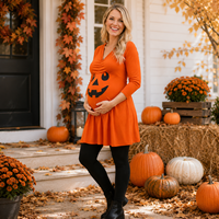 Robe de maternité d'Halloween en gros d'usine, imprimé citrouille, manches longues, 100% coton, longueur ras du sol, été, OEM ODM