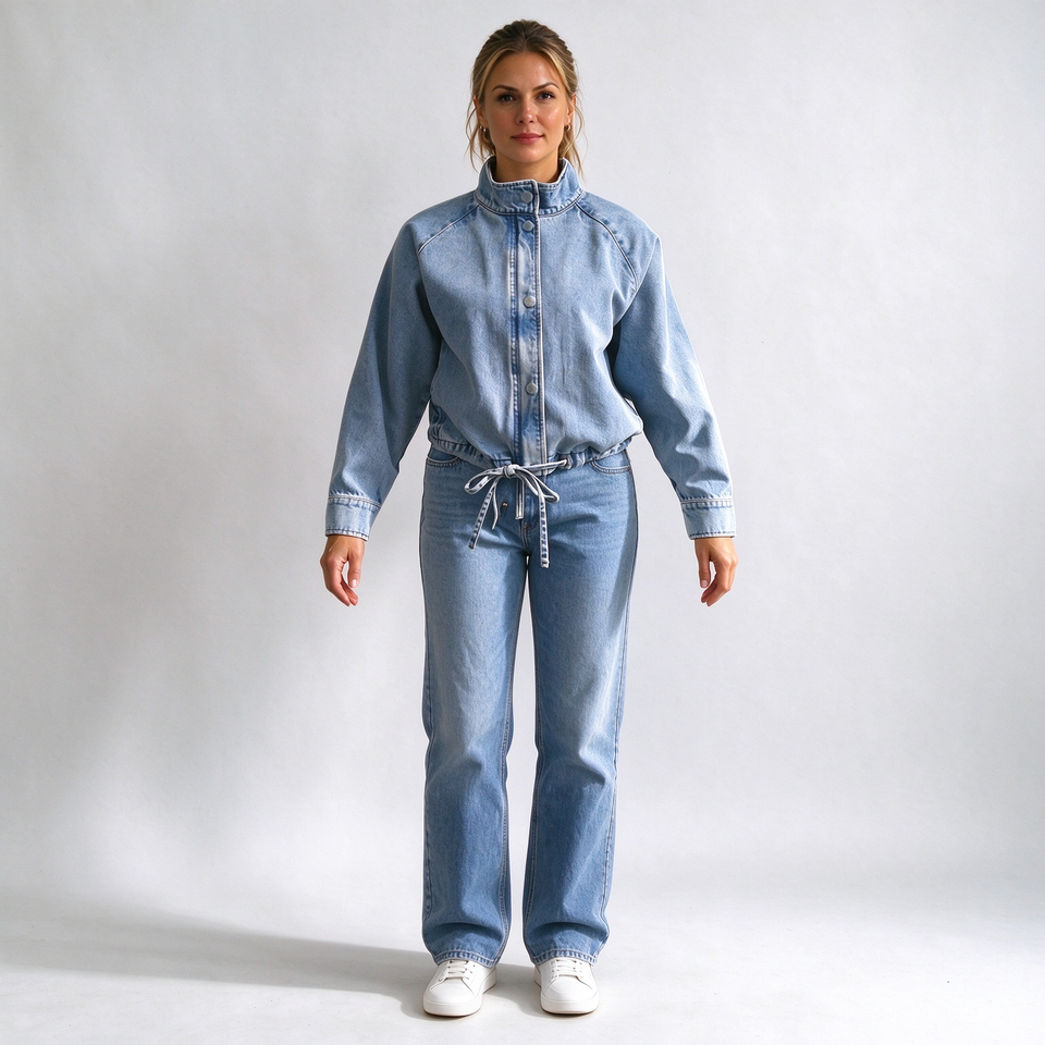 Women Denim Jacket Stand Collar Raglan Sleeve Button Front Drawstring ...