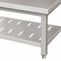 Table de préparation professionnelle en acier inoxydable à double couche avec étagère inférieure perforée et pieds réglables pour la restauration
