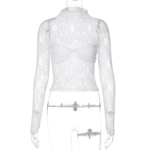 À la mode nouveau Design dentelle Vintage couleur unie voir à travers <span class=keywords><strong>haut</strong></span> court chemise à manches longues <span class=keywords><strong>pagode</strong></span> décontracté Sexy <span class=keywords><strong>haut</strong></span> pour femme - Product Image 5
