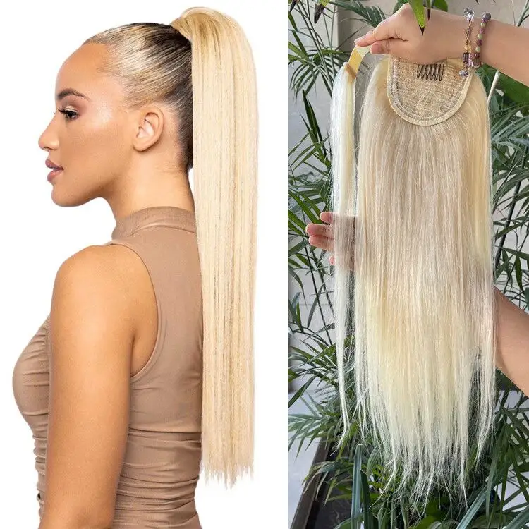 Silk Straight Wrap Pferdes chwanz Echthaar Remy 613 Europäischer Pferdes chwanz Haar Körper welle 100% natürliche blonde Pferdes chwanz Clip in Extensions