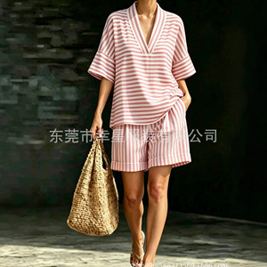 Ensemble de costume décontracté rayé pour femmes, col en V, coupe ample, short, mode streetwear d'été, SMLXLXXLXXXL, bleu, rouge, jaune, vert, rose, noir - Product Image 3