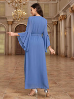 Abaya bleue à volants avec ceinture pour l'Aïd, vêtements islamiques modestes à manches évasées pour les fêtes saoudiennes de Dubaï