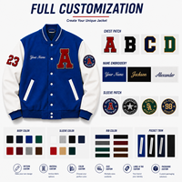 Veste de sport universitaire personnalisée pour hommes, fabrication OEM, étiquette privée, logo d'équipe brodé, patch bleu, veste de sport universitaire personnalisée