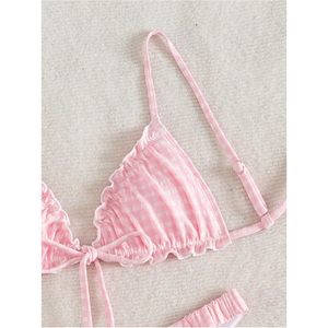FOXA Women's 2 Piece <b>Bikini</b> <b>Set</b> Tie Front Ruffled Wireless Padded Swimsuit Pink Gingham Pattern - Product Image 4