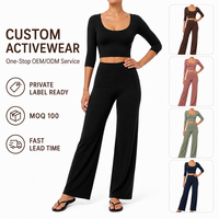 Atasan Olahraga Lengan Panjang Berkualitas Tinggi, Solid, Bernapas, Cepat Kering, dan Legging Pinggang Tinggi Model Flare 2-Piece untuk Yoga dan Aktivitas Lainnya