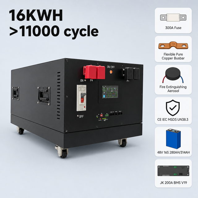 Stackable All-in-One Energy Storage Battery System 15KW 16KW 30KW Inverter 48V 280Ah DIY Lifepo4 Lithium Battery Box LCD Display
