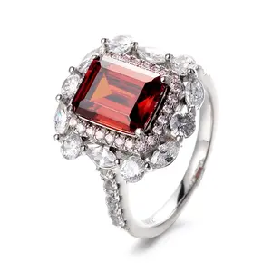 Factory Fine Jewelry Glam Rhodium Plated 925 Sterling Silver Emerald Cut Pigeon Blood Red Gemstone Cocktail Ring For Women
