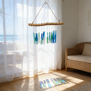 Drop-shipping Handmade <b>Sandblasted</b> Bohemian Modern Minimalist Sea Glass and Driftwood Wind Chime For Outside Garden Decor - Product Image 2
